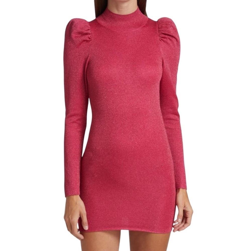 Alice & Olivia Pink Shimmer Wool Blend Puff Sleeve Mini Dress XS NWT